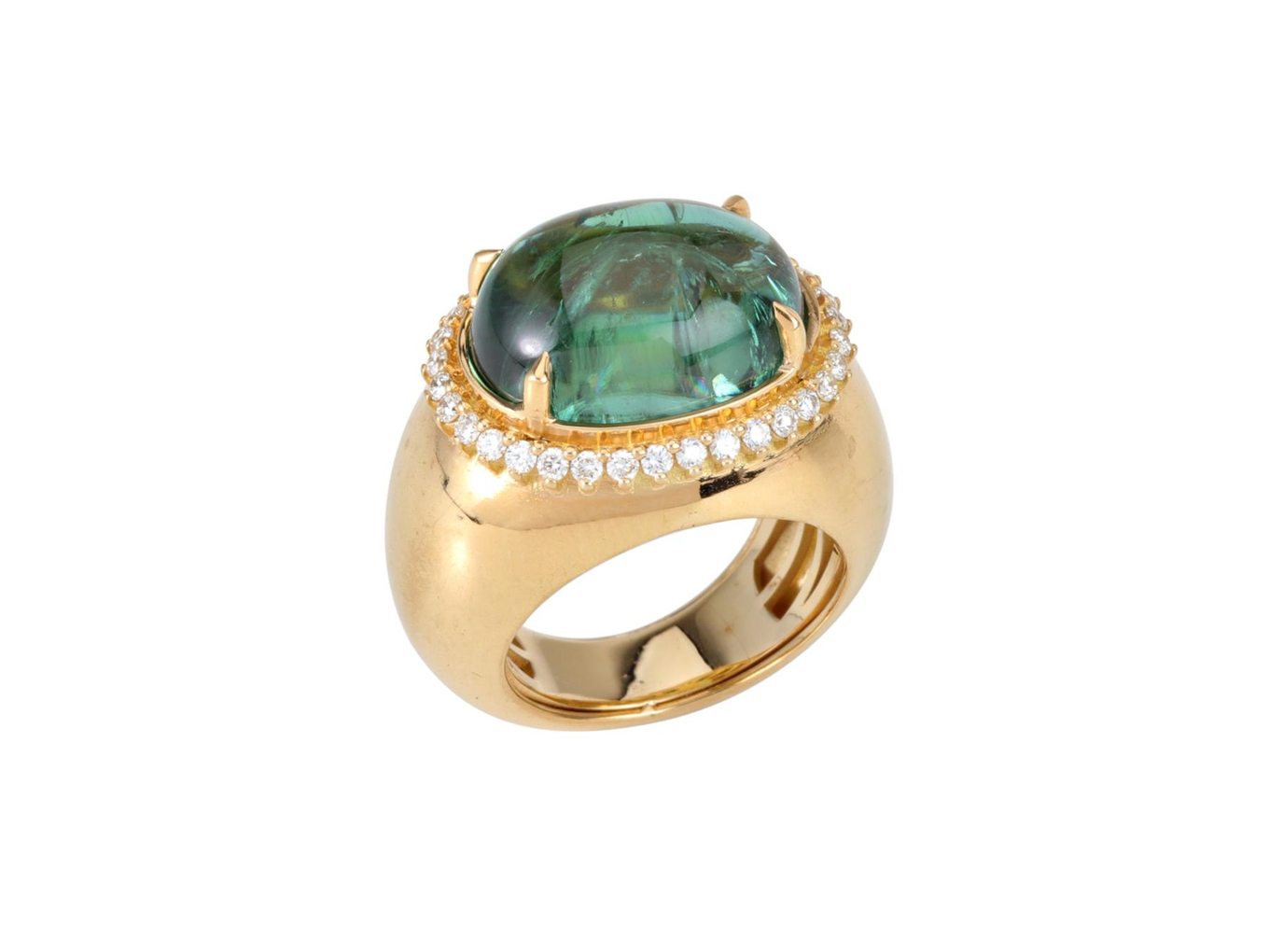 Foto de Anel de ouro amarelo 18k, diamantes lapidação brilhante e cabochão de turmalina. Cerca de 12,3g. Medida 9.
