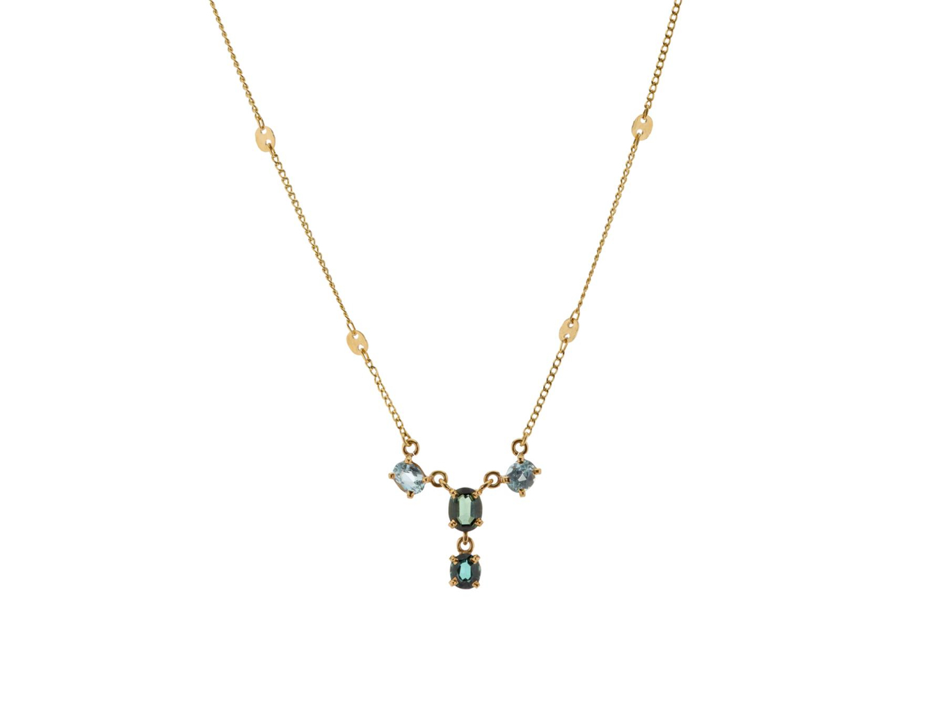 Foto de Colar de ouro amarelo 18k, turmalina e topázio azul. Cerca de 5,3g e 40cm de comprimento.