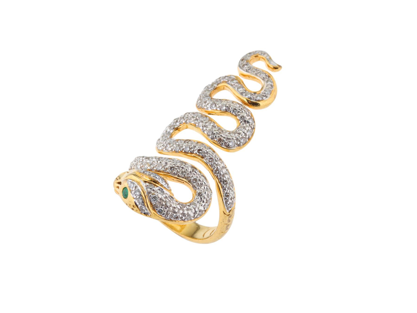 Foto de Anel de ouro amarelo 18k, diamantes lapidação brilhante e esmeraldas. Cerca de 11,9g. Medida 14/15.