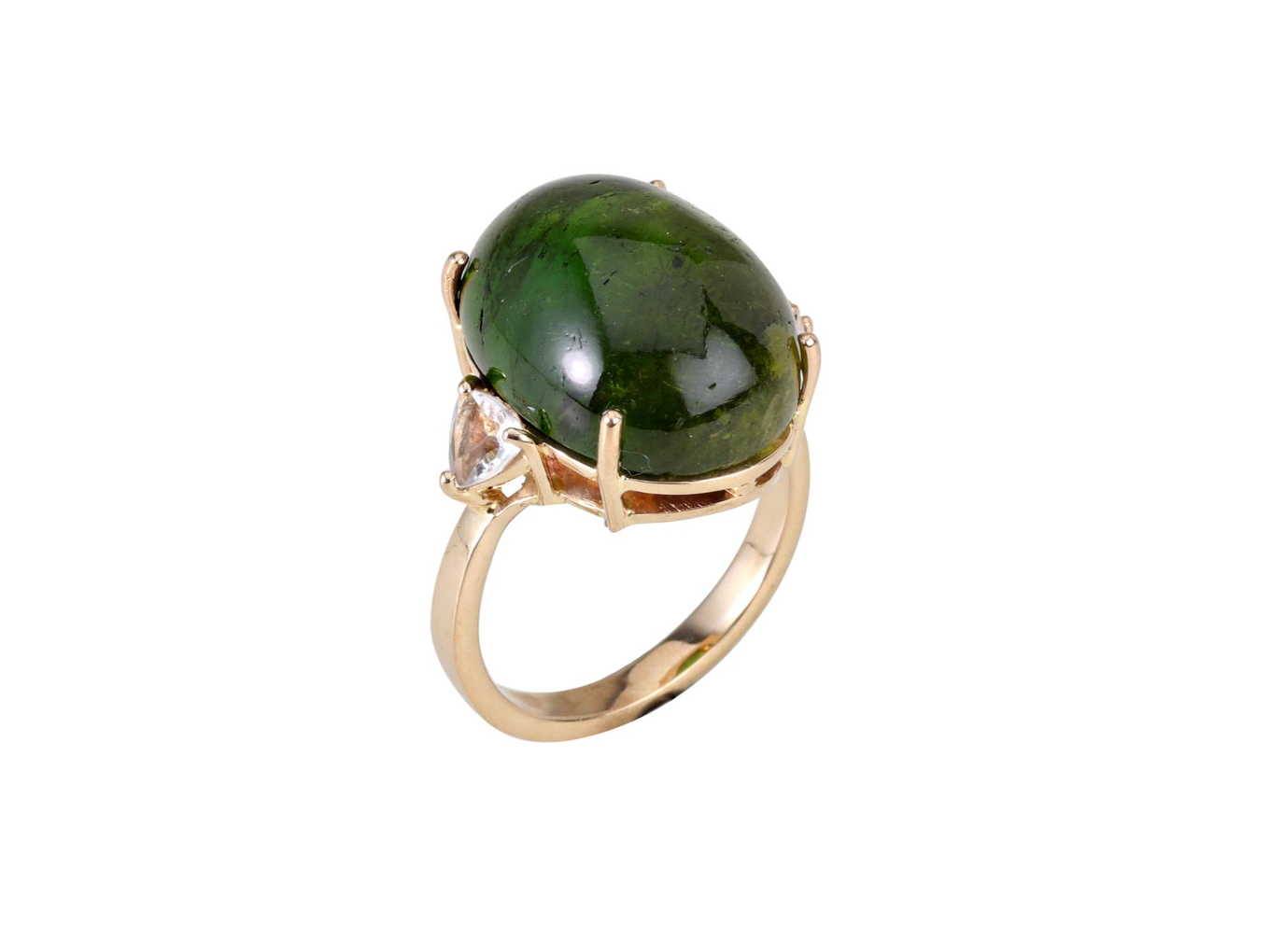 Foto de Anel de ouro amarelo 18k, quartzo incolor e cabochão de turmalina. Cerca de 7,5g. Medida 14/15