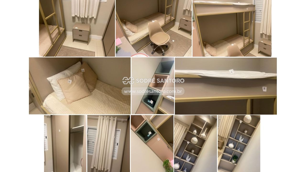 Foto de beliche, mesa cabeceira, estantes, guarda-roupa