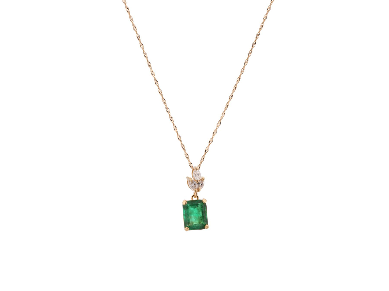 Foto de Colar de ouro amarelo 18k, esmeralda e diamantes lapidação navete. Cerca de 1,9g.